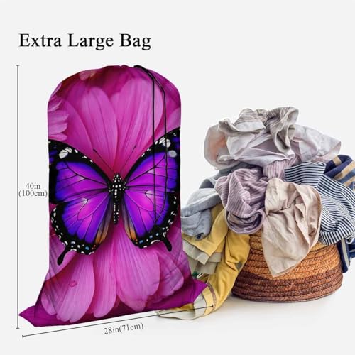 Swono Laundry Bag with Drawstring Closure Purple Butterfly, Foldable, Compact, Lightweight, 28" X 40" Beautiful Animal Wings Floral Petal Packable Dirty Clothes Bag for Home Dorm, Camp, Road Trip - color: Purple Butterfly