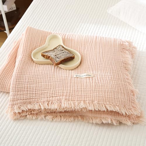 MorroMorn 100% Cotton Muslin Throw Blanket with Fringes 50"x60", 4-Layer Gauze Blankets for Adults, Boho Bedding Breathable Lightweight Ultra-Soft Farmhouse Decor for Couch Bed All Seasons, Pink - color: Pink, size: Throw 50"x60"