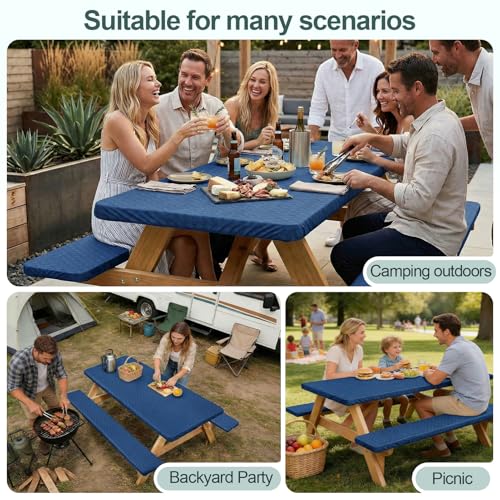 Picnic Table Cover with Bench Covers Camping Essentials Waterproof Windproof Camping Tablecloth with Drawstring Bag, Fitted Rectangle Tables and Seats, 60in, Deep Blue - color: Deep Blue, size: 60in