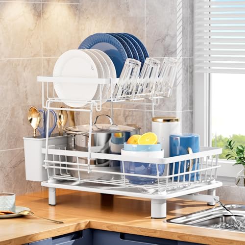 GAOKASE Dish Drying Rack, Stainless Steel-Dish Rack, Dish Racks for Kitchen Counter, Kitchen Dish Drainers with Removable Utensil Holder,New Drain Outlet,Plate Rack and Drainboard (White 3) - color: White 3