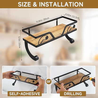 Farmhouse Paper Towel Holder with Emj Funny Memes Kitchen Organizer Shelf, Rustic Brown Wall Mount/Adhesive Hand Towel Roll Shelf & Spice Rack for Kitchen, Bathroom RV, Apartment