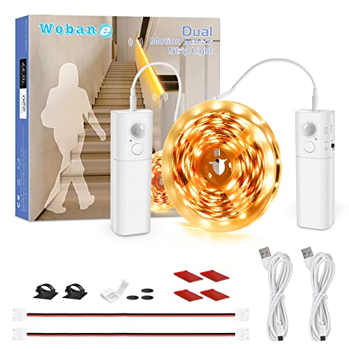 WOBANE Dual Motion Sensor Under Bed Lights,Rechargeable 16.4ft LED Light Strip,Battery Powered Tape Light for Shelves,Cabinet,Anywhere,PIR Detector,Cuttable,Flexible,2700K Warm White - color: Warm White, size: 16.4ft White