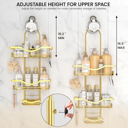 Shower Caddy Hanging Adjustable Shower Caddy, Rustproof Shower Organizer Extended Length Showers Caddy Over Shower Head with Hooks Soap Holder, Large Capacity Anti-Swing Bathroom Organizer, Gold - color: Gold