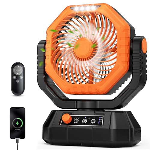 AJVV Camping Fan with Light, Remote and Oscillation, Battery Powered Hanging Tent Fan, Rechargeable Portable for Camp, Outdoor, Emergencies, Fishing, RV Travel, Jobsite - color: Orange
