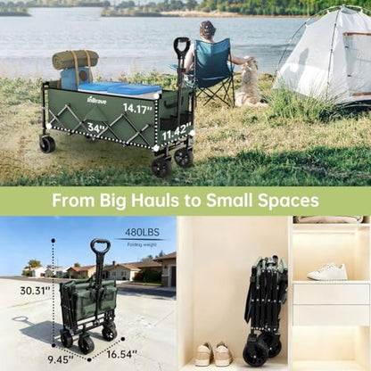 Extra Long Collapsible Wagon Cart, 480LBS Heavy Duty Utility Wagons with All-Terrain Wheels, Foldable Grocery Carts for Gardening, Shopping, Beach, Camping, Army Green - color: Army Green