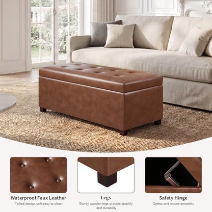 Asense Storage Ottoman Bench,Faux Leather Upholstered Ottoman with Storage,End of Bed Bench with Safety Hinge Wooden Legs,for Entryway,Bedroom,Living Room - color: 37" Faux Leather Tan Brown