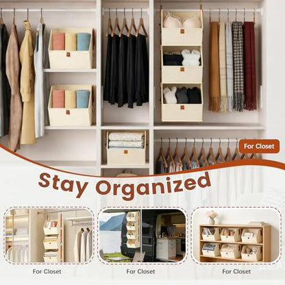 4 Tier Hanging Closet Organizer,Stackable Hanging Clothes Shelves,Space-Saving Closet System with Metal Hook,Fabric Collapsible Storage Baskets for Rv,Home,Homestay,Dorm(Beige)