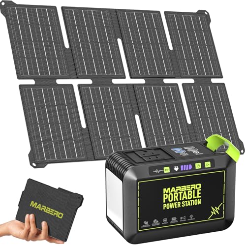 MARBERO 80W Solar Powered Generator with Panels 25W Included, 88.8Wh Portable Power Station with AC Outlet 120W Peak Fast Charging 110V for Camping Outdoor Home Backup Backup RVs - color: Green Gray