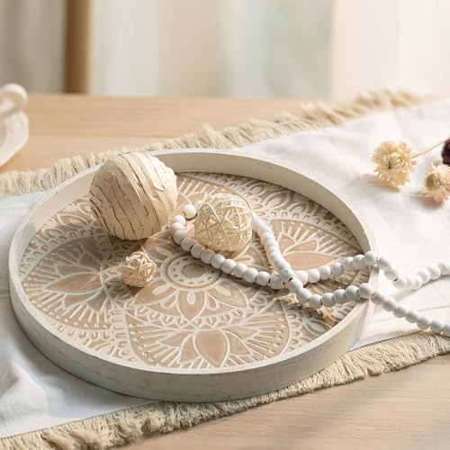Hanobe Decorative Serving Tray Round: 2Pcs Farmhouse Coffee Table Decor with White Boho Bead Garland - Mandala Trays for Living Room Kitchen Display - color: Lotus White + Bead Garland, size: 11.8"