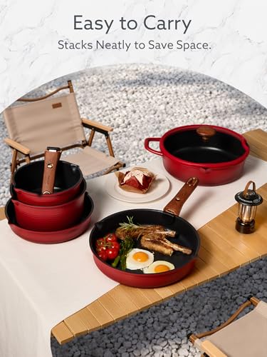 CAROTE 20Pcs Titanium Cookware Set, Pots and Pans Set Non Stick, Kitchen Cooking Set with Detachable Handle, Non Toxic Induction Cookware - Camping Cookware, Dishwasher/Oven Safe, Red - color: Gradient Red