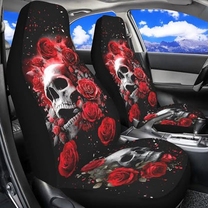 Bulopur Halloween Auto Seat Covers Front Seats Gothic Skull and Red Rose Car Seat Covers Set Car Accessories Interior Highback Bucket Covers for Most Cars - color: Gothic Skull and Red Rose