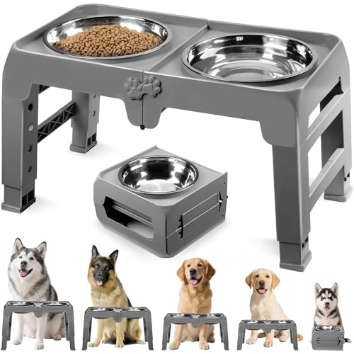 Elevated Dog Bowls for Large Dogs 5 Adjustable Heights 7.5"-15.4", 2 X-Large 10” Stainless Steel Bowls, Heavy Duty Raised Dog Bowl Stand Foldable Pet Feeder for Dogs Shoulder Height Over 15”, Grey - color: Grey, size: 10" for Large Dogs