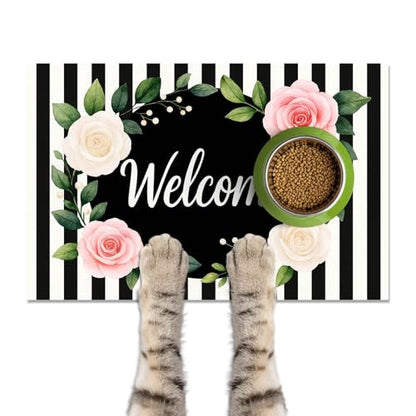 HOMETITUTE Pet Feeding Mat Black White Stripe Pattern 20" x 12", Welcome Sign Flower Design Non Slip Dog Cat Food Mat, Easy Clean Fast Dry Absorbable Pet Bowl Mat for Food and Water - color: colorful9
