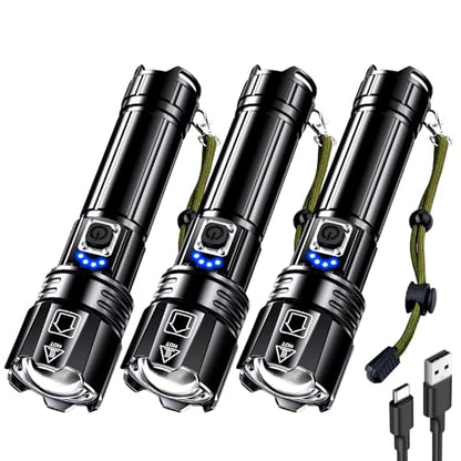 AKNEAR Rechargeable LED Flashlight 99000 High Lumens, Super Bright Flashlights with Zoomable & USB C Rechargeable & 5 Light Mode & IPX7 Waterproof, Powerful Flash Light for Home, Hiking, Camping - size: 3 Pack, style: Standard Display