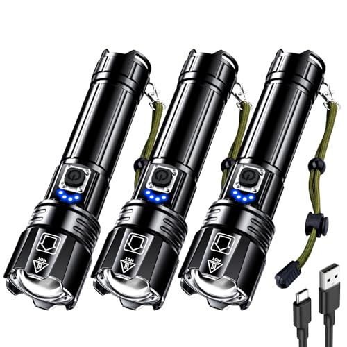 AKNEAR Rechargeable LED Flashlight 99000 High Lumens, Super Bright Flashlights with Zoomable & USB C Rechargeable & 5 Light Mode & IPX7 Waterproof, Powerful Flash Light for Home, Hiking, Camping - size: 3 Pack, style: Standard Display