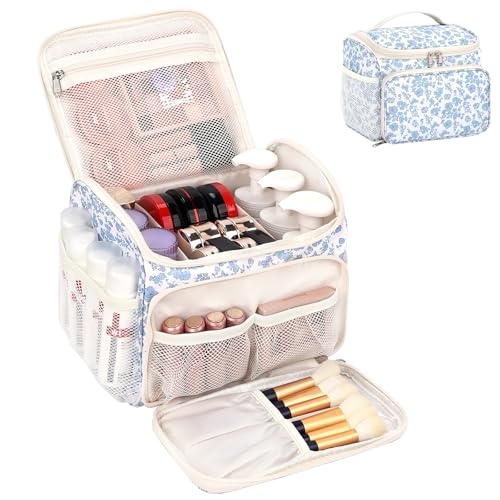CUBETASTIC Travel Makeup Bag, Floral Make Up Bag with Brush Compartment, Vertical Storage Toiletry Bag with Partitions, Large Make Up Pouch for Women, Portable Makeup Case with Multi-Pockets - color: Floral Blue