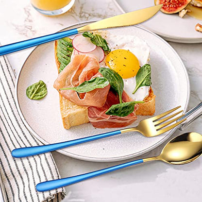 AARAINBOW 6 Pieces 18/8 Stainless Steel Flatware Set Portable Reusable Cutlery Set Travel Utensils Set Including Chopsticks Knife Fork Spoon Straws Cleaning Brush Dishwasher Safe (Blue golden) - color: Blue golden