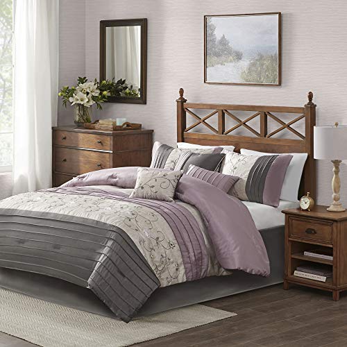 Madison Park Serene Faux Silk Comforter Set - Floral Embroidery Design, All Season Bedding Set, Matching Bed Skirt, Decorative Pillows, Purple King(104"x92") 7 Piece - color: Purple, size: King