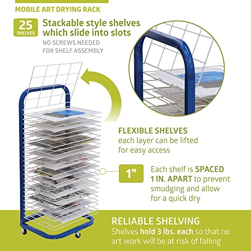 Pearington 25-Shelf Mobile/Wall Mountable Art Drying Rack for Art Studios & Classrooms, 13" D x 17.5" W x 39.4" H, Blue/White - color: Blue, size: 25 Shelves