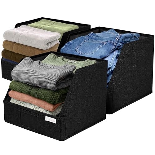 VIVIDECOR Open Front Trapezoid Closet Bins 12x12x10 – Closet Shelf Organizer for Folded Clothes, Easy Access Fabric Storage Baskets – Black, 3 Pack - color: Black