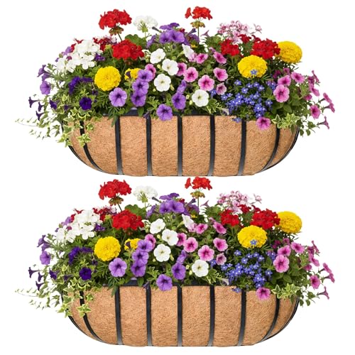 16“ Window Box Railing Planter with Coco Liner Metal Wall-Mounted Coconut Liner Planter Basket English Horse Trough Planters for Outdoor Deck Balcony Porch Fence Patio Black (2 Pack) - size: 16 Inch