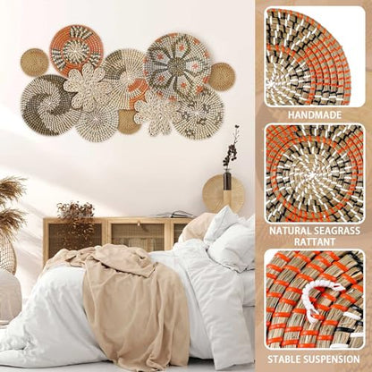 11 Pcs Boho Hanging Wall Basket Decor Handmade Woven Basket Wall Decorative Boho Wicker Baskets Placemats Round Farmhouse Bulrush Art for Rustic Home Decorations Christmas Gift(Cute) - style: Cute