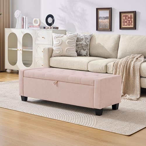Huatean Home 43" Ottoman with Storage, Pink Storage Ottoman Bench with Safety Hinge, Upholstered Entryway Bench with Seating for Bedroom, Living Room, Holds up to 330 lb - color: Pink, size: 19.2"D x 43"W x 16.9"H