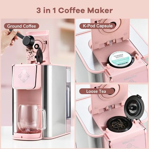 Mecity Pink Coffee Maker 3-in-1 Single Serve Coffee Machine, For Flat Bottom Coffee Capsule, Ground Coffee, 6 to 10 Ounce Cup, Removable 50 Oz Water Reservoir, 120V 1150W - color: Pink, size: 6.3 x 10.4 10.6 inches