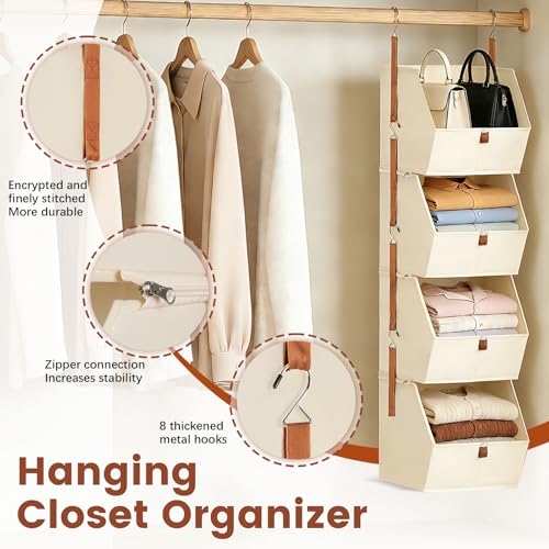 4 Tier Hanging Closet Organizer,Stackable Hanging Clothes Shelves,Space-Saving Closet System with Metal Hook,Fabric Collapsible Storage Baskets for Rv,Home,Homestay,Dorm(Beige)