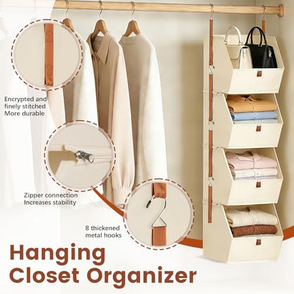 4 Tier Hanging Closet Organizer,Stackable Hanging Clothes Shelves,Space-Saving Closet System with Metal Hook,Fabric Collapsible Storage Baskets for Rv,Home,Homestay,Dorm(Beige)