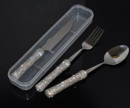 Bling Rhinestone Crystal Dazzling Culinary Utensils Travel Set for Office, Lunch, and Travel (3, Silver) - color: Silver