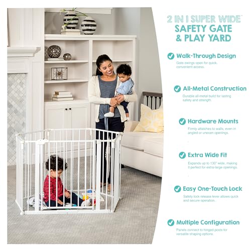 Regalo Safety 56"-130" Super Wide Baby Gate & Play Yard, 2-in-1 Adjustable Safety Gate for Doorways & Bottom of Stairs, Wall Mounted Room Divider, Includes Wall Mount Kit - color: White, style: 130"W x 28"H