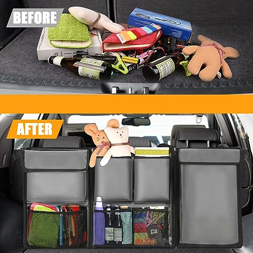 BESULEN Car Trunk Organizer, Hanging Cargo Bag with Large Pockets, Zippers Detachable Seat Back Storage with Lids, Equipped with Elastic Net, Foldable Space Saving Expert for Car, SUV, Van (Gray)