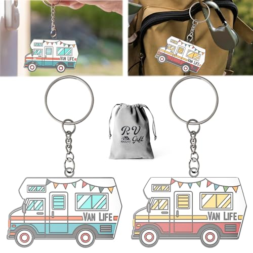 Camper Keychain Happy RV Keyring RV Keychain Couples Keychain Set Gifts for Men Women Camping Accessories 2 Pack - color: Blue&red