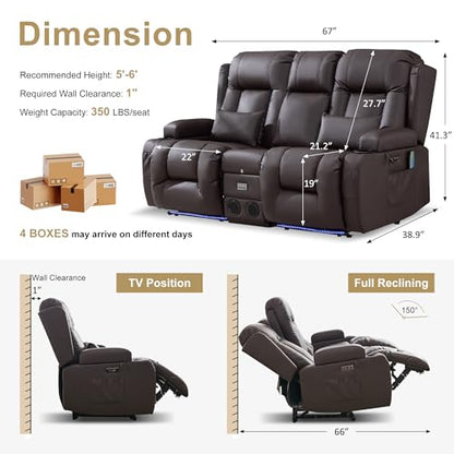 URRED Power Loveseat Recliner Sofa with Massage and Heat, Wall Hugger Reclining Loveseat with Console, RV Couch Home Theater Seating with LED Lights for Living Room (Dark Brown, 67" - 2 Seats) - color: Dark Brown, size: 67" - 2 Seats