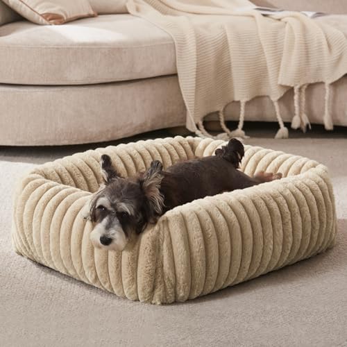 FURTIME Dog Bed for Small Dogs, Washable Orthopedic Dog Bed with Removable Cover, Rectangle Soft Calming Sleeping Puppy Bed Durable Pet Cuddler with Anti-Slip Bottom, Beige, S (20"x19"x6") - color: Beige, size: S (20"x19"x6")