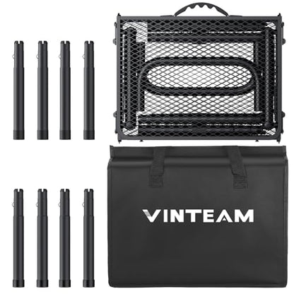 VINTEAM Folding Grill Table with Mesh Top, 3 Adjustable Heights, Lightweight Portable Camping Table, Black Aluminum Alloy BBQ Picnic Table for Outdoor Cooking, Tailgating, Beach, RV & Backyard - style: 3-Fold Mesh Tabletop