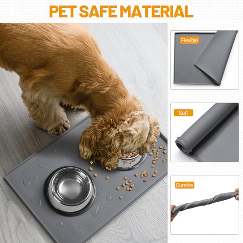 Hubulk Dog Feeding Mat,100% Waterproof BPA Free Silicone Pet Food and Water Bowl Placemat,Dishwasher, High Raised Edge to Prevent Spills,Nonslip Tray to Stop Messes on Floor (19"x12"x0.5", Grey) - color: Grey, size: 19"l X 12"w