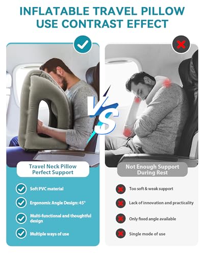Inflatable Travel Pillow, Airplane Neck Pillow Comfortably Supports Head and Chin for Airplanes, Trains, Cars Office Napping on The Tray Table (Grey) - color: Grey(standard)