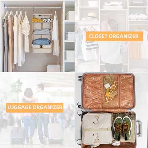 Portable Hanging Travel Shelves, Carry on Closet Suitcase Storage for Luggage, Hanging Packing Cubes Compression for Travel Essentials (L, Beige)