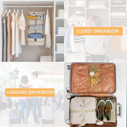 Portable Hanging Travel Shelves, Carry on Closet Suitcase Storage for Luggage, Hanging Packing Cubes Compression for Travel Essentials (L, Beige)