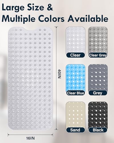 Gecork Bathtub Mat Non Slip with 2 Hooks, 40"x16" Extra Large Bath mat for Tub & Shower, Anti Slip, Machine Washable, Soft & Comfortable for Families, Clear