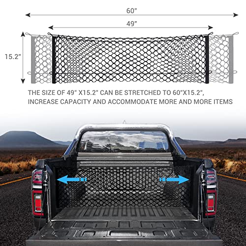 MICTUNING Truck Bed Cargo Net, 49"x15.2" Stretch to 60" Elastic Pickup Cargo Net with 4 Metal Carabiners, Compatible with 2013-2022 Chevy Silverado & 2015-2024 Ford F150 F250 Truck - size: 49x15.2Inch for Pickup