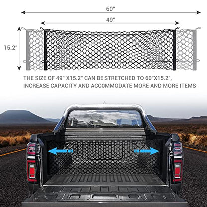 MICTUNING Truck Bed Cargo Net, 49"x15.2" Stretch to 60" Elastic Pickup Cargo Net with 4 Metal Carabiners, Compatible with 2013-2022 Chevy Silverado & 2015-2024 Ford F150 F250 Truck - size: 49x15.2Inch for Pickup