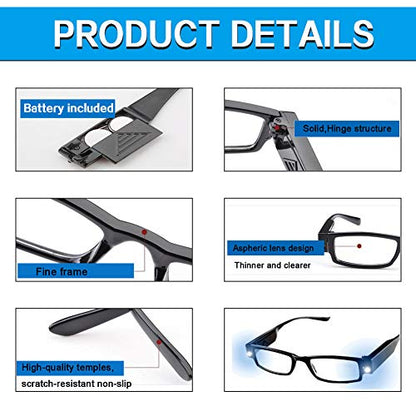 4 Pcs Reading Glasses Led Readers with Lights Fashion Glasses for Reading for Men and Women Lighted Magnifier Nighttime Reader Compact Full Frame Eyewear Unisex Clear Vision Lighted Eye Glasses(+350) - color: +350