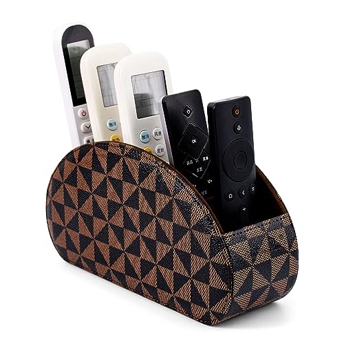 Remote Control Holders Organizer Box with 5 Compartment PU Leather Multi-functional Office Desk Storage Caddy Store Tv Remote for Media Player,Brush,Pencil,Glassees&Office Supplies (Triangle print) - color: Triangle print, size: S