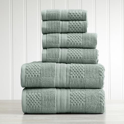 Springtree Home 100% Cotton Bathroom Towel Set | 6 Piece Set - Green Towels | Geometric Textured Design | Absorbent & Quick-Dry | Oeko-TEX® Standard 100 Cotton | Myla Collection - Eucalyptus - color: Eucalyptus, size: 6 Piece Set