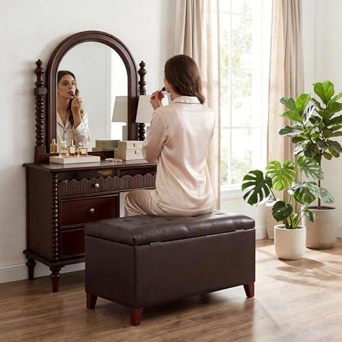 Joveco Storage Ottoman Bench, 33 Inches Faux Leather Rectangle Tufted Foot Stool for End Foot of Bed, Bedroom, Living Room, Brown - color: Brown Faux Leather