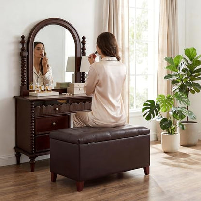 Joveco Storage Ottoman Bench, 33 Inches Faux Leather Rectangle Tufted Foot Stool for End Foot of Bed, Bedroom, Living Room, Brown - color: Brown Faux Leather