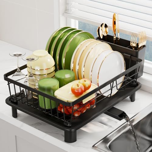 Dish Drainer Rack with Drip Tray, Sink Dish Drainer with Drainage Spout, Stainless Steel Dish Drying Rack with Cups, Utensil & Cutting Board Holders for Kitchen Counter Space-Saving, Black - color: Black